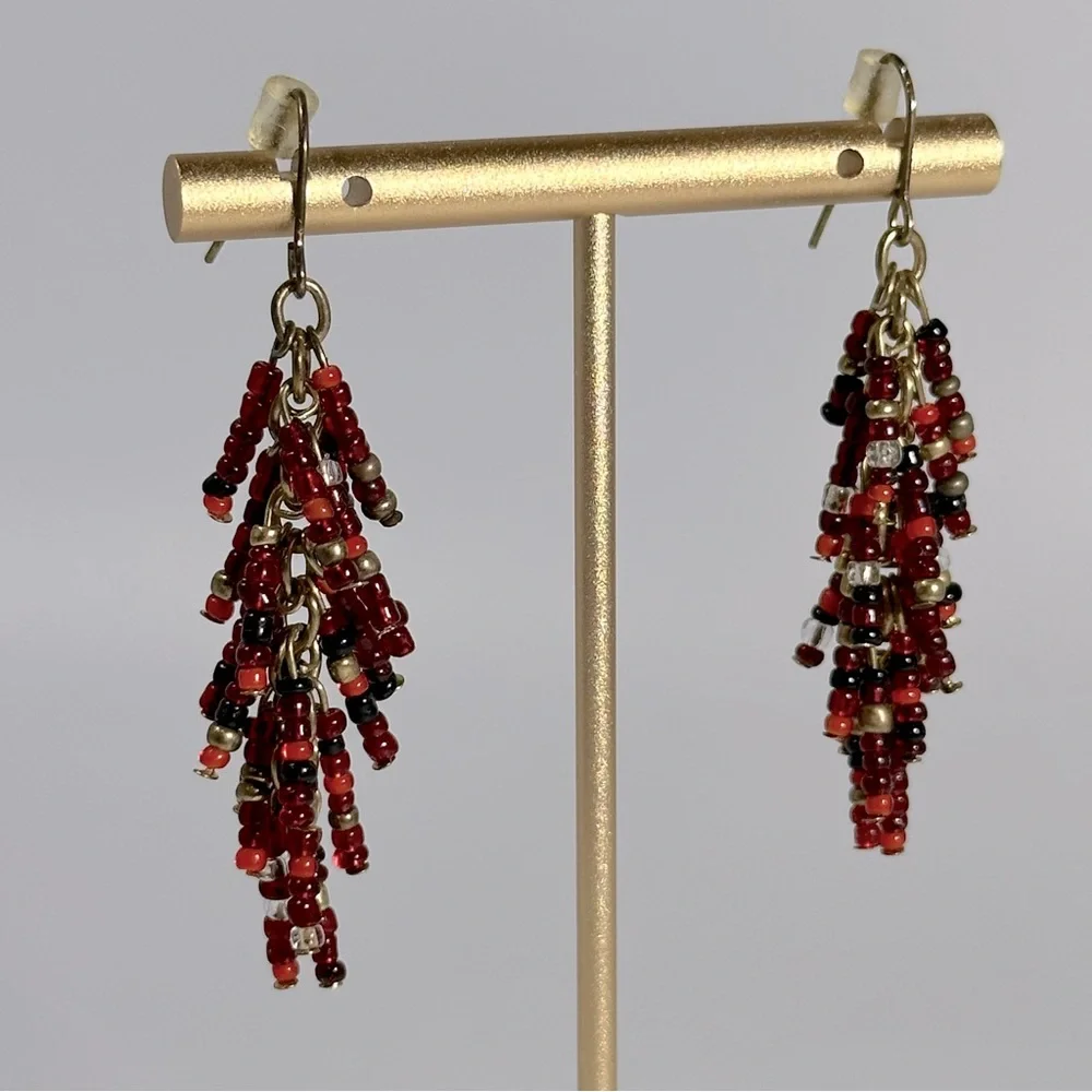 Red & Black Seed Bead Tassel Boho Dangle Beaded Earrings
